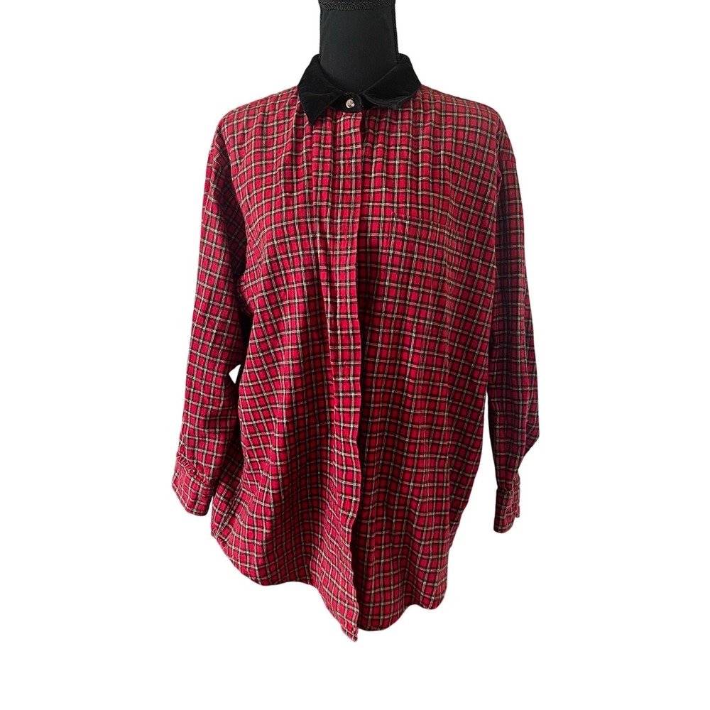 Basic Editions Vintage 90s‎ Red Plaid Button Down Shirt Velvet Collar XL Womens